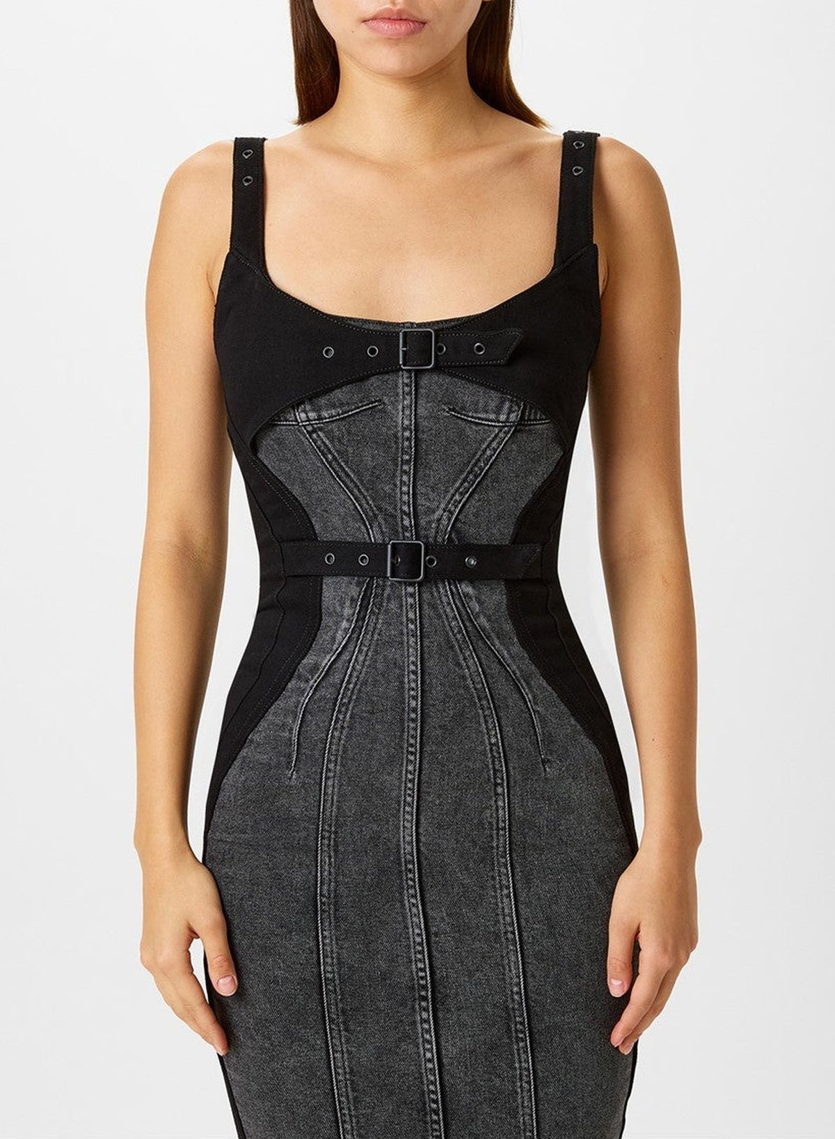 WASHED BLACK / BLACK // washed black buckled denim dress