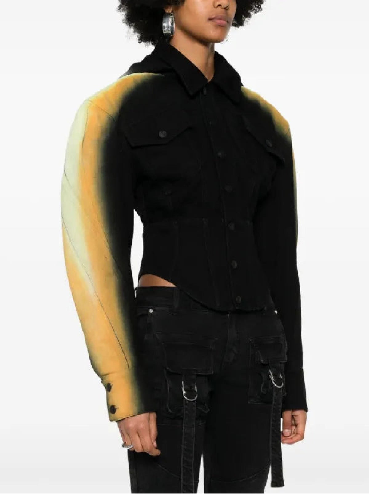 TAN/ ORANGE BLUE LILAC // tan corseted gradient-effect denim jacket
