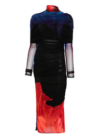 PRINT BLUE & RED FLOWERS // floral print sheer ruched dress