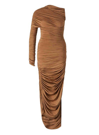 BRONZE // beige asymmetrical pierced ruched dress
