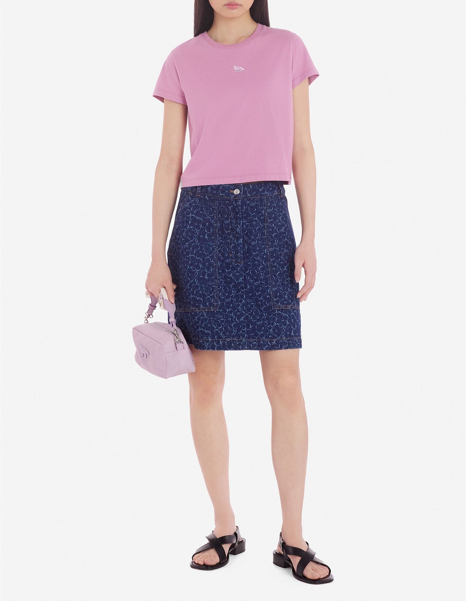 Jupe droite à motif avec broderie en denim - Laser Print