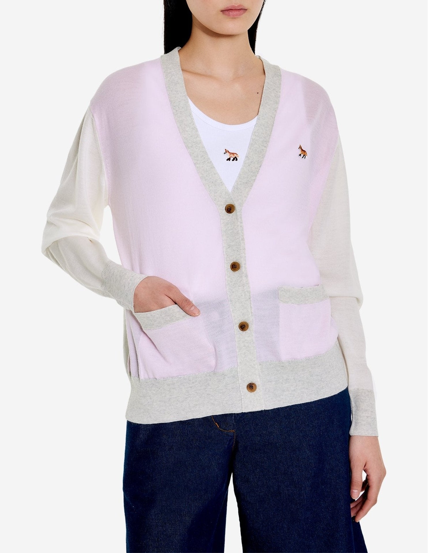 Cardigan Baby Fox à manches longues en laine - Pale Pink
