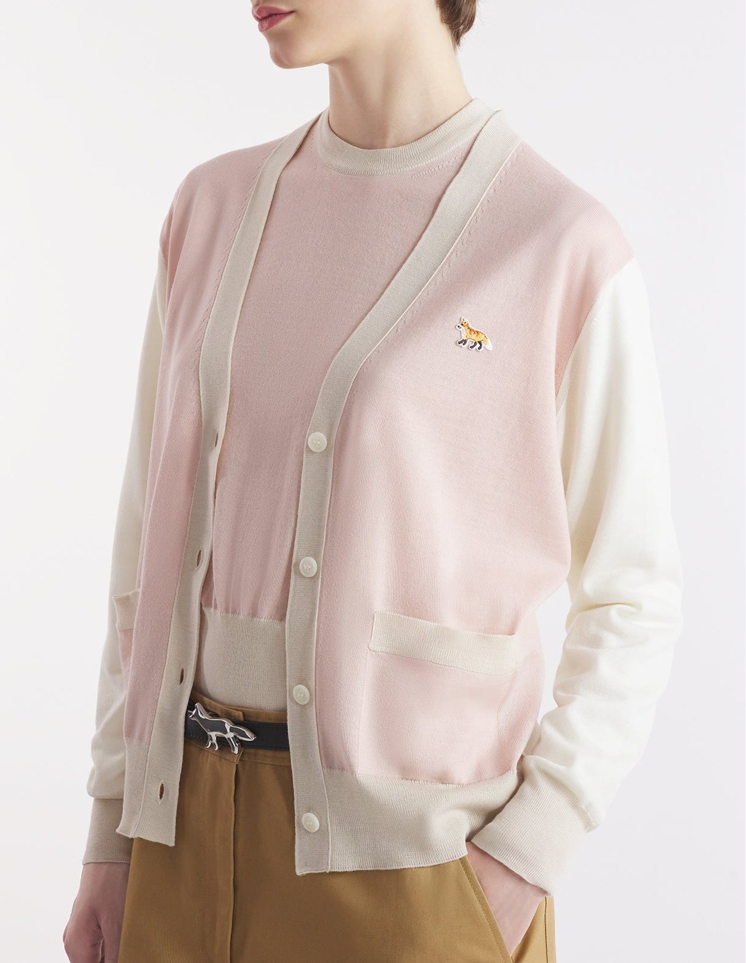 Baby Fox Patch Color Block Cardigan - Pasture Rose