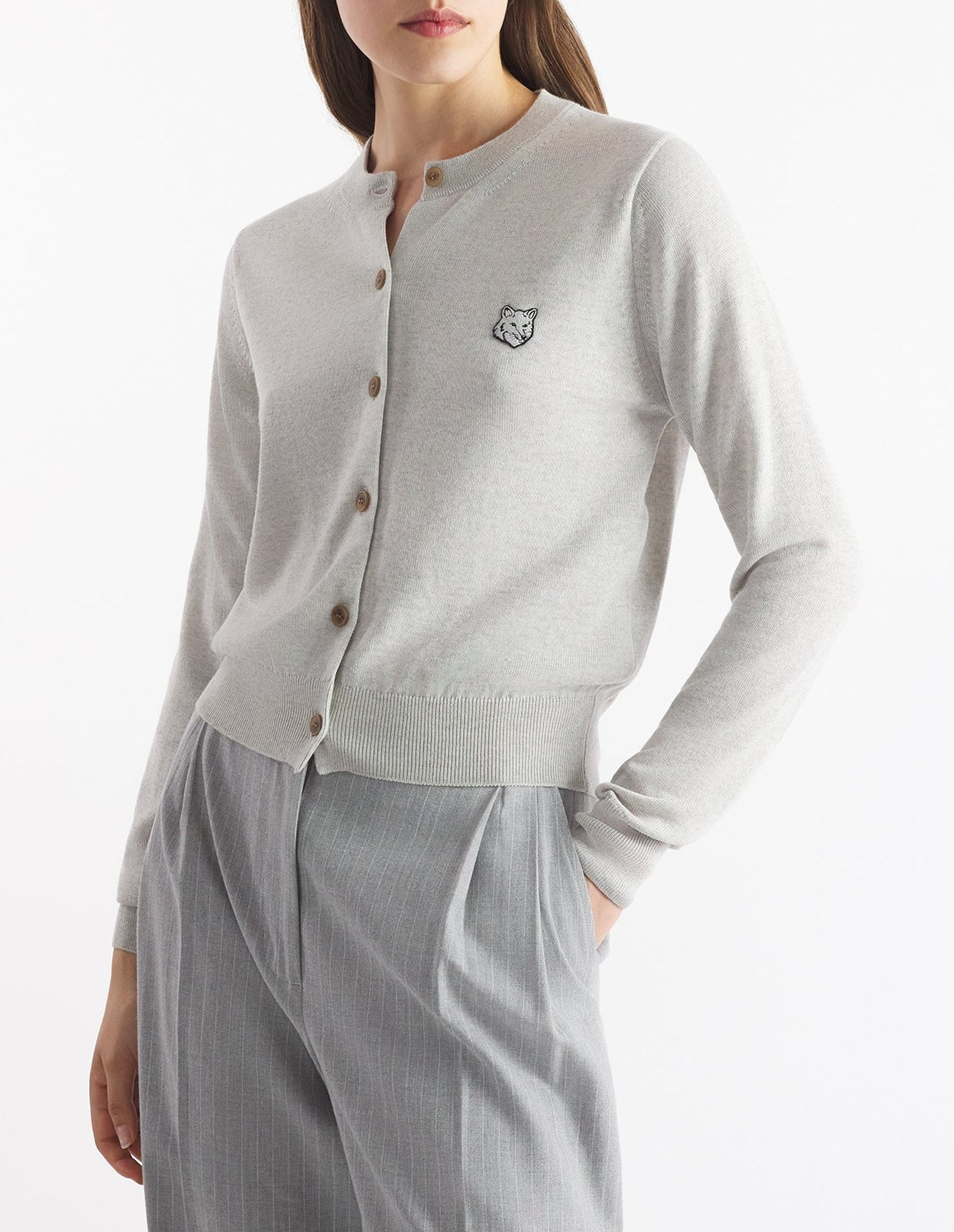Cardigan Bold Fox Head avec écusson en laine - Light Grey Melange