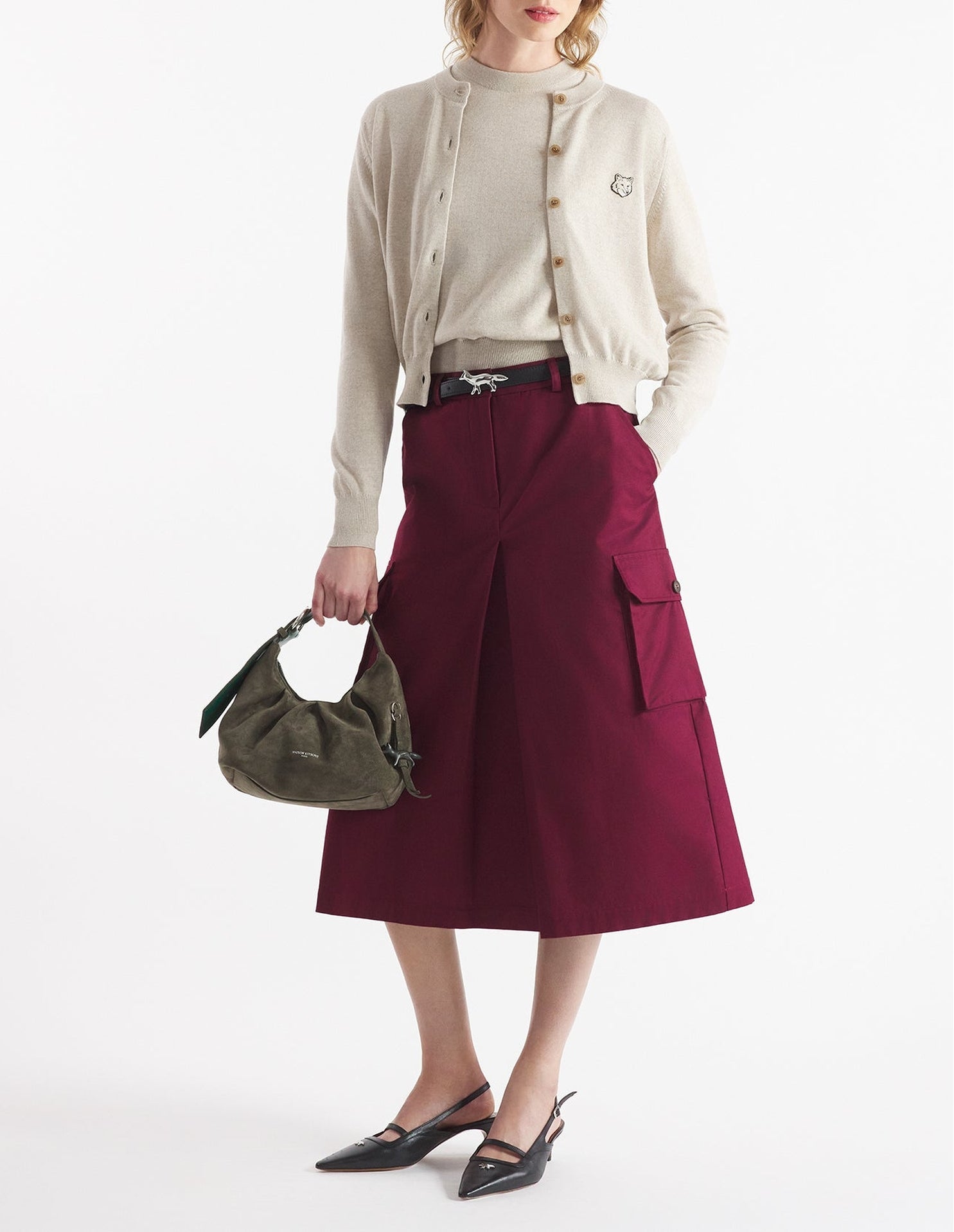 Bold Fox Head cardigan with wool crest - Light Beige Melange