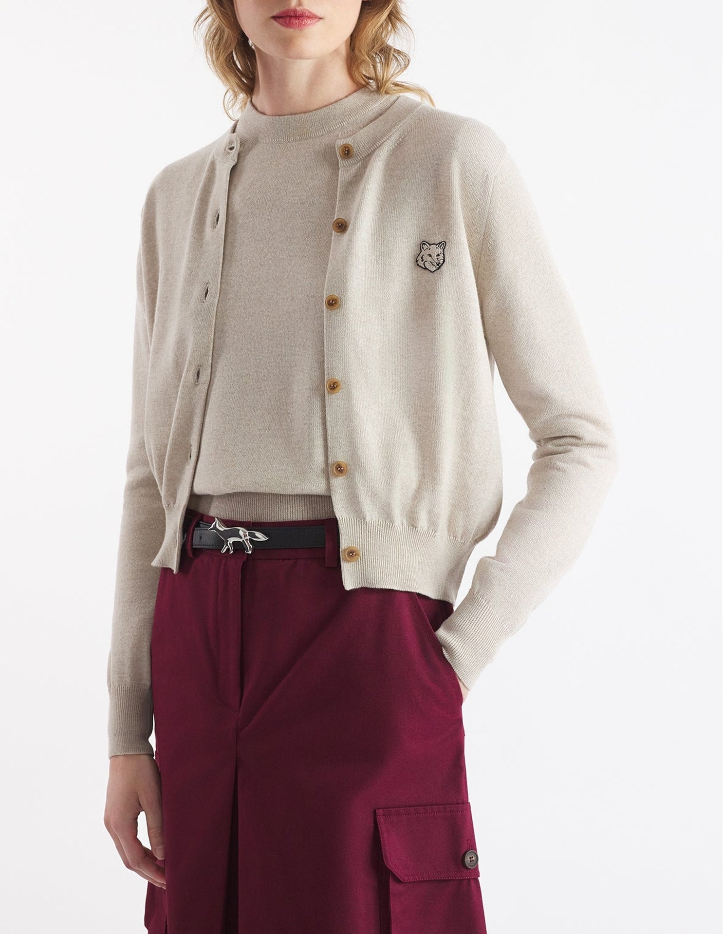 Bold Fox Head cardigan with wool crest - Light Beige Melange