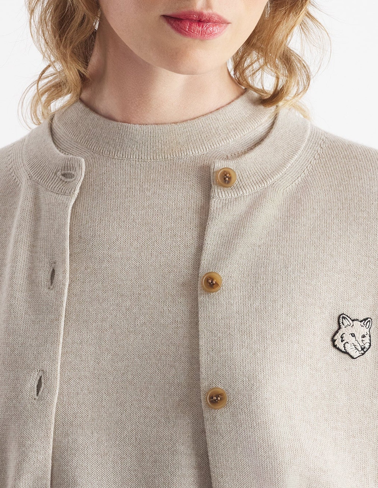 Bold Fox Head cardigan with wool crest - Light Beige Melange