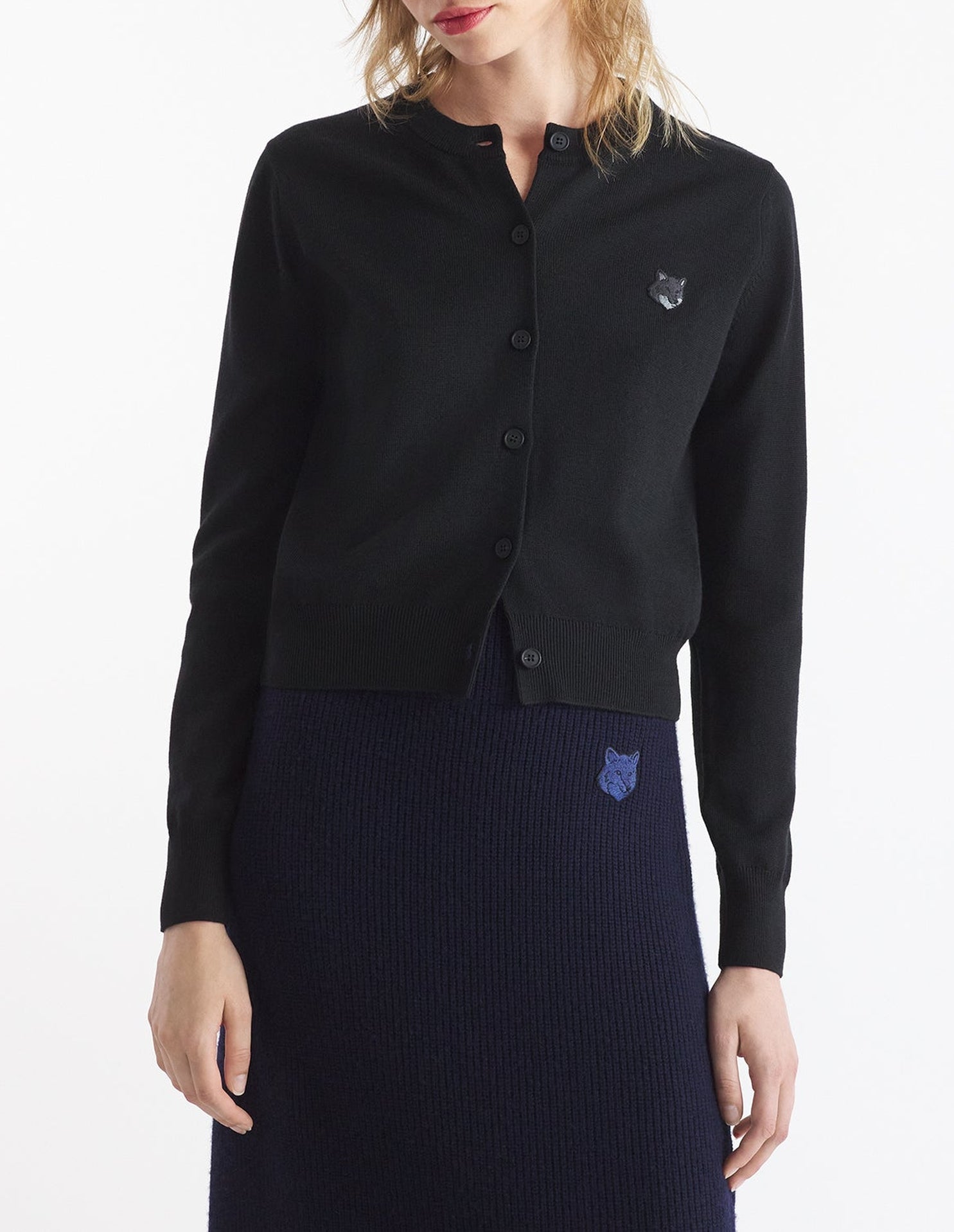 Bold Fox Head cardigan with wool crest - Black