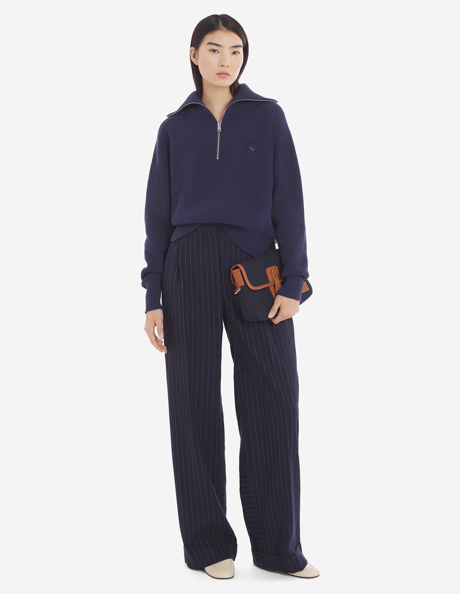 Bold Fox Head Patch  Half Zip Ribbed Jumper - Ink Blue