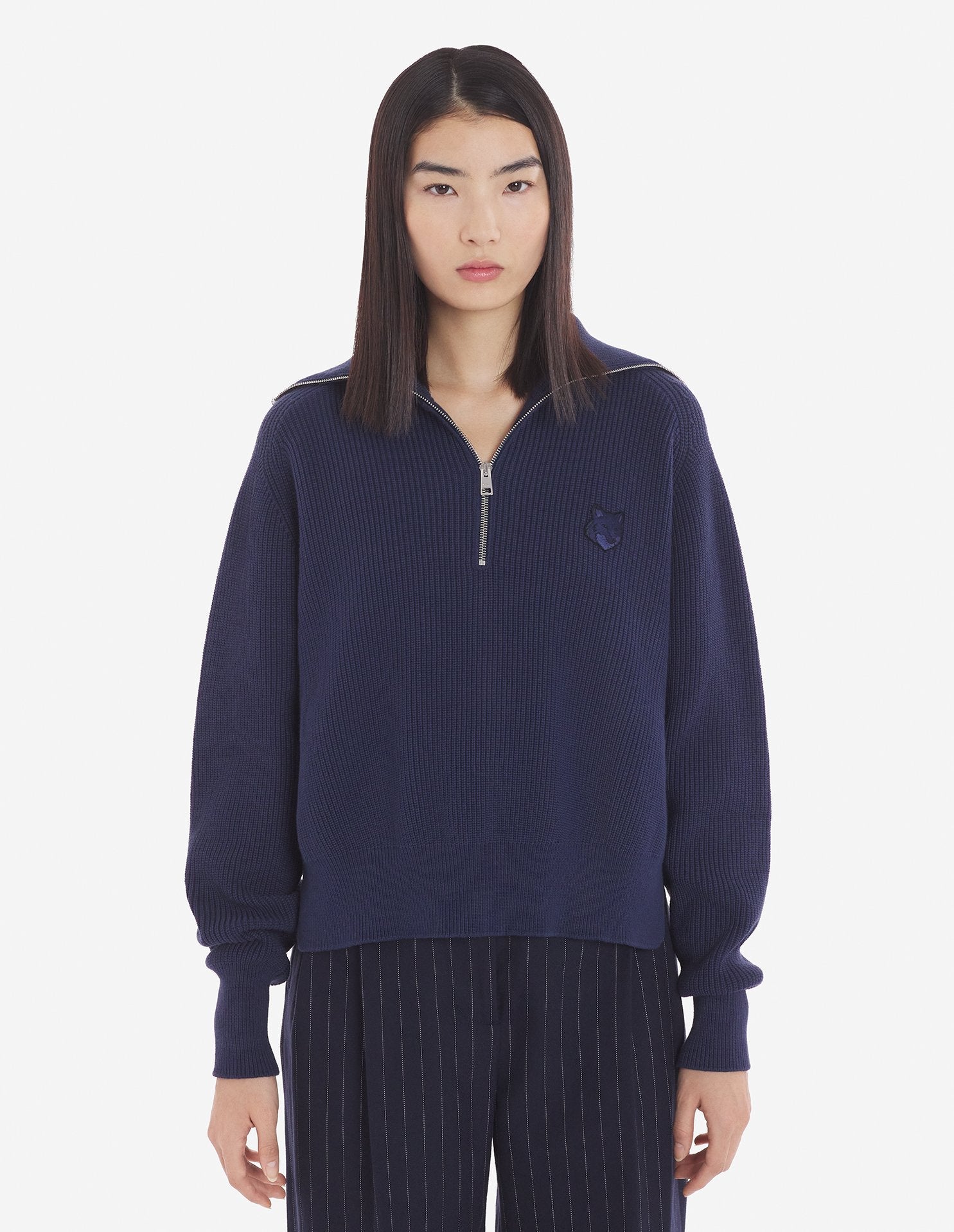 Bold Fox Head Patch  Half Zip Ribbed Jumper - Ink Blue