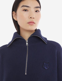 Bold Fox Head Patch  Half Zip Ribbed Jumper - Ink Blue