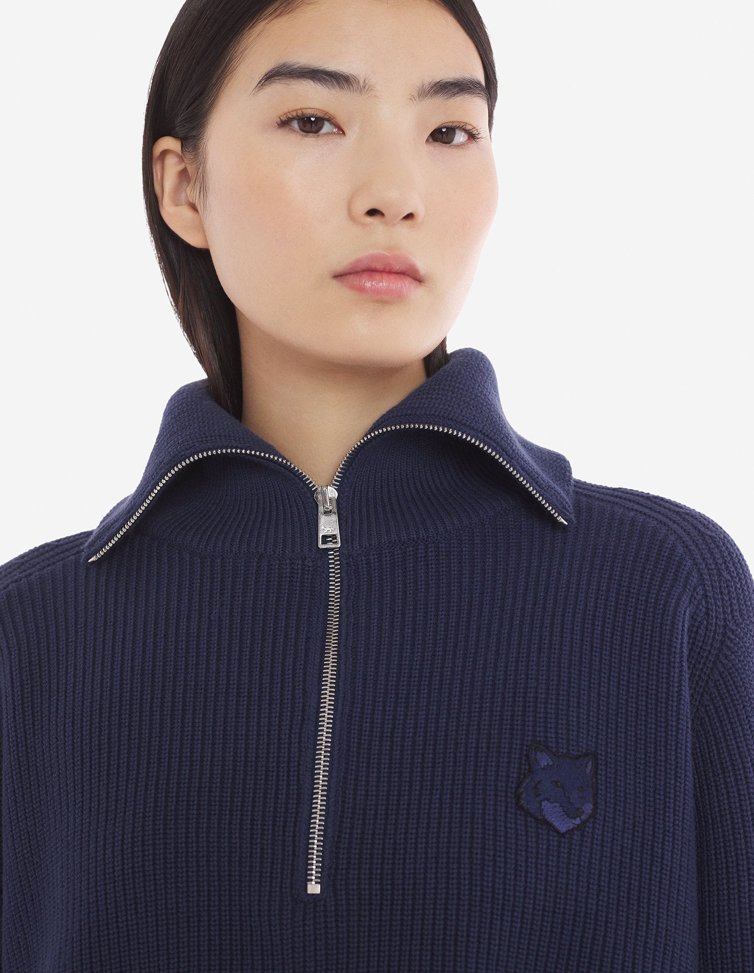Bold Fox Head Patch  Half Zip Ribbed Jumper - Ink Blue