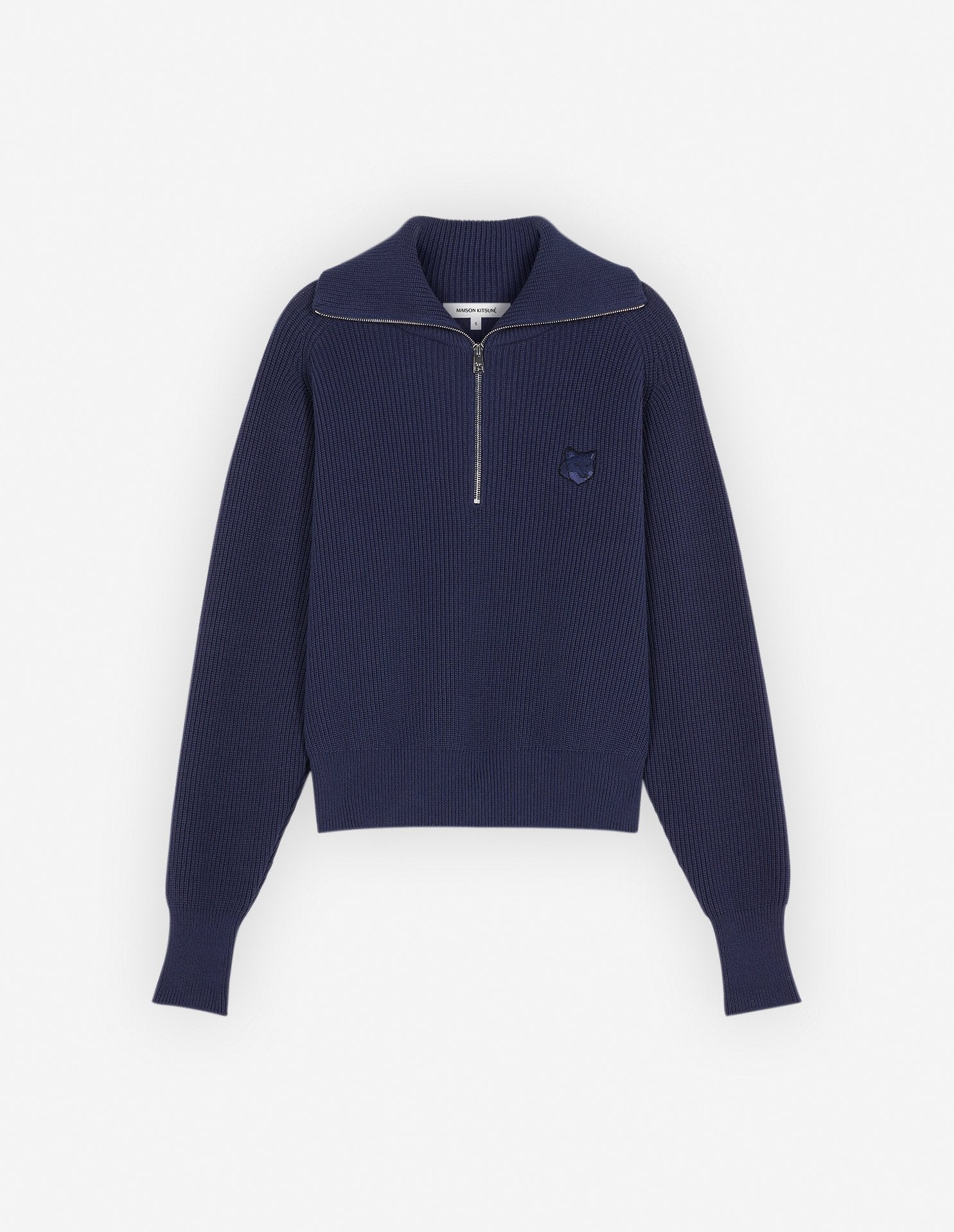 Bold Fox Head Patch  Half Zip Ribbed Jumper - Ink Blue