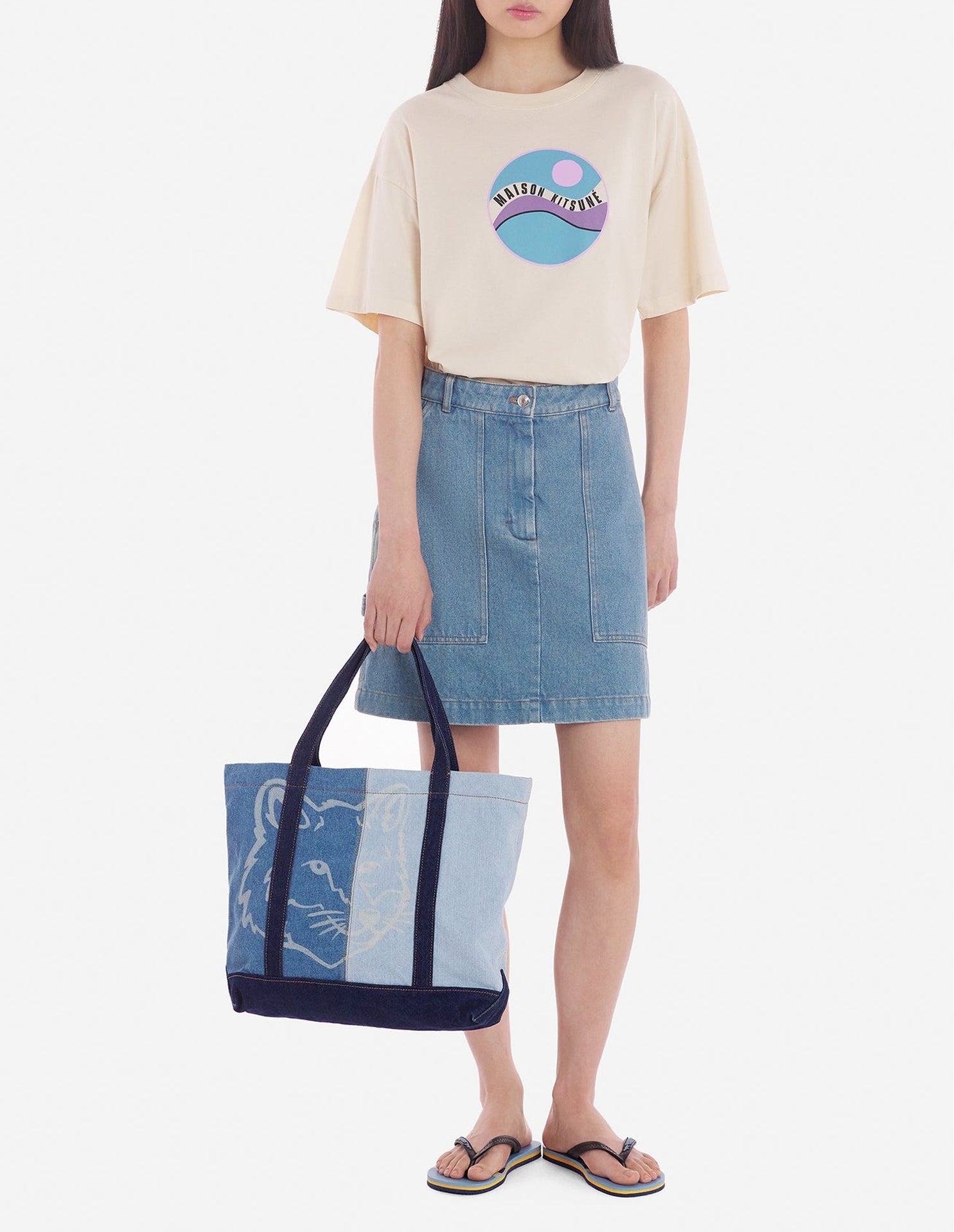 Jupe droite délavée avec broderie en denim - Light Stone Indigo