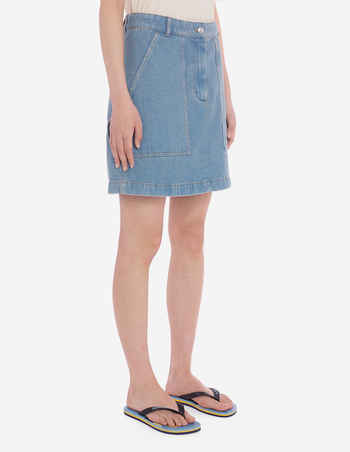 Jupe droite délavée avec broderie en denim - Light Stone Indigo