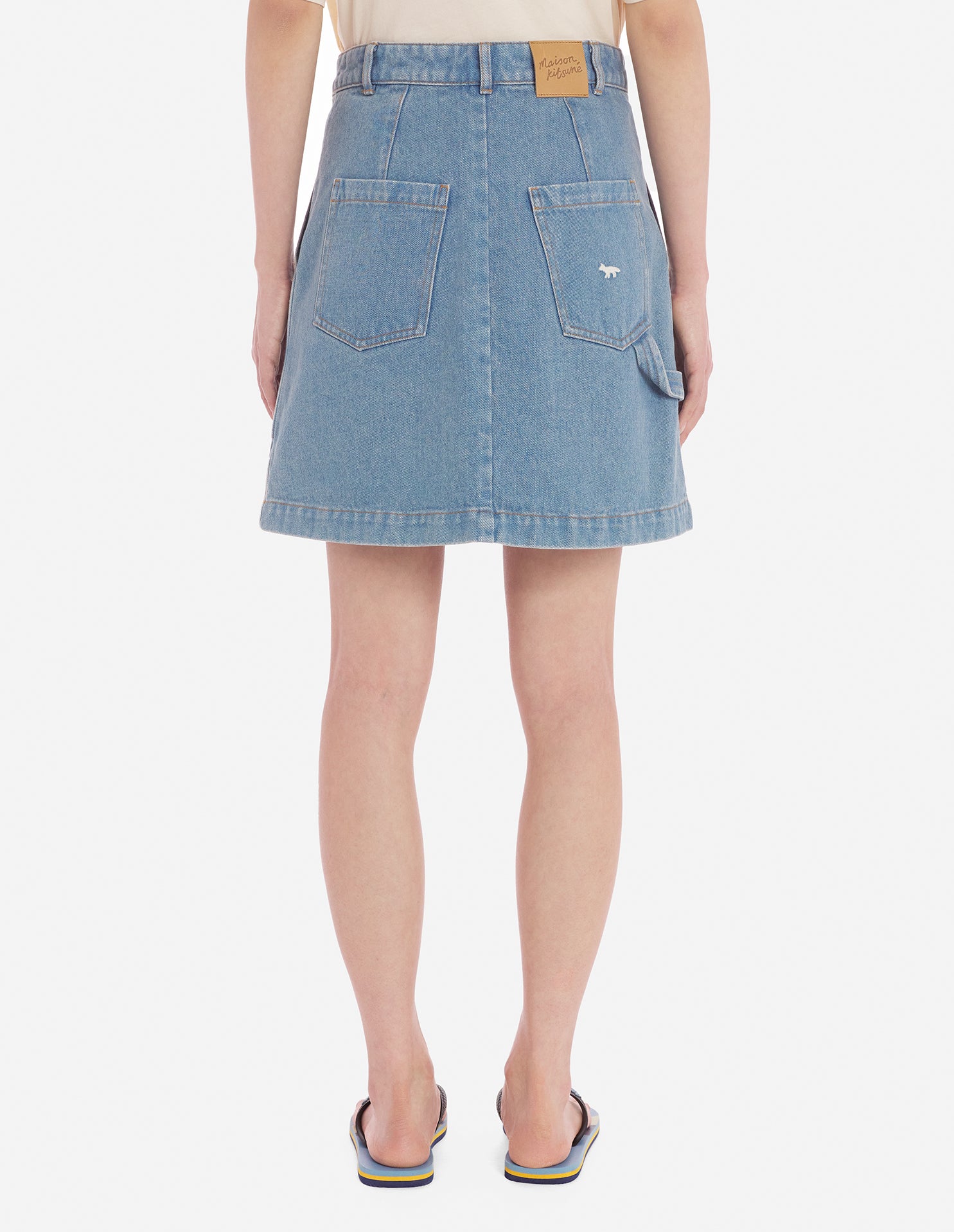 Jupe droite délavée avec broderie en denim - Light Stone Indigo
