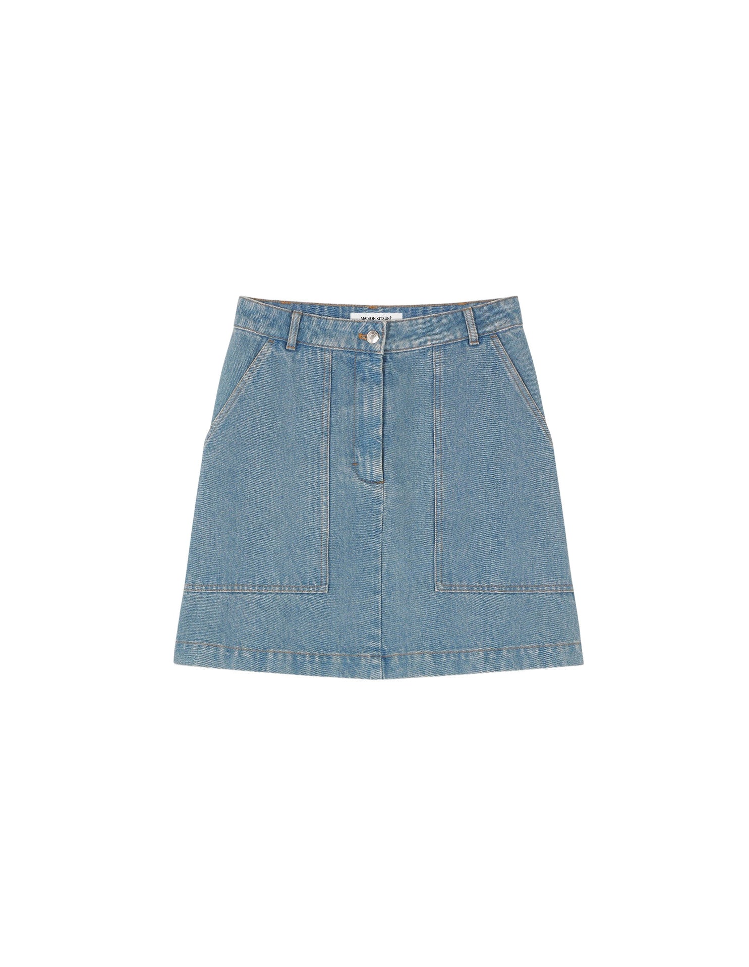 Jupe droite délavée avec broderie en denim - Light Stone Indigo