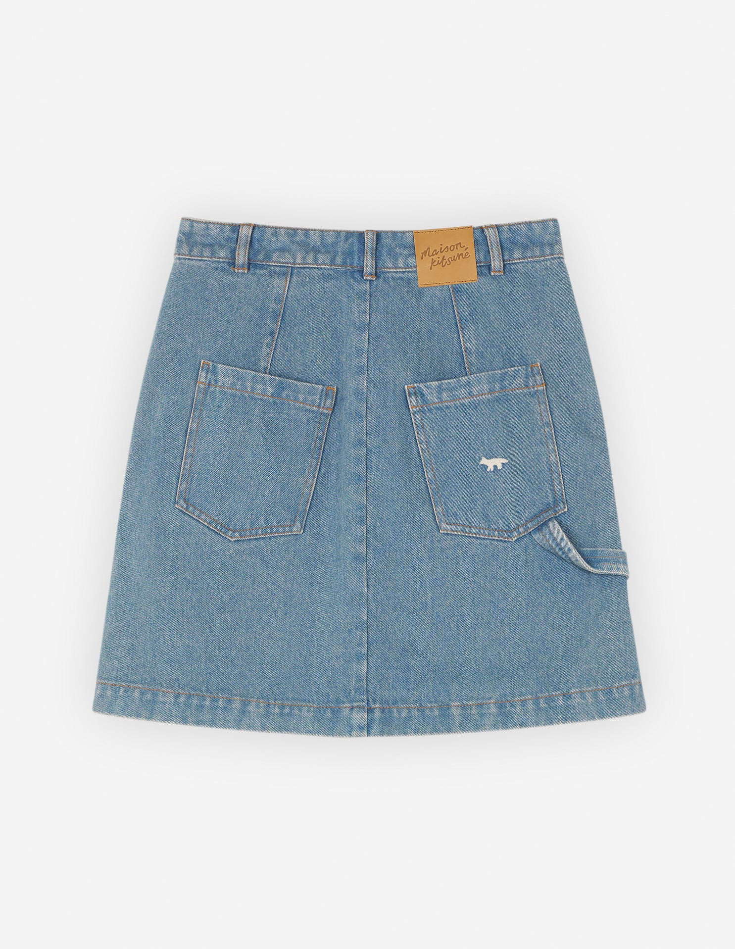 Jupe droite délavée avec broderie en denim - Light Stone Indigo