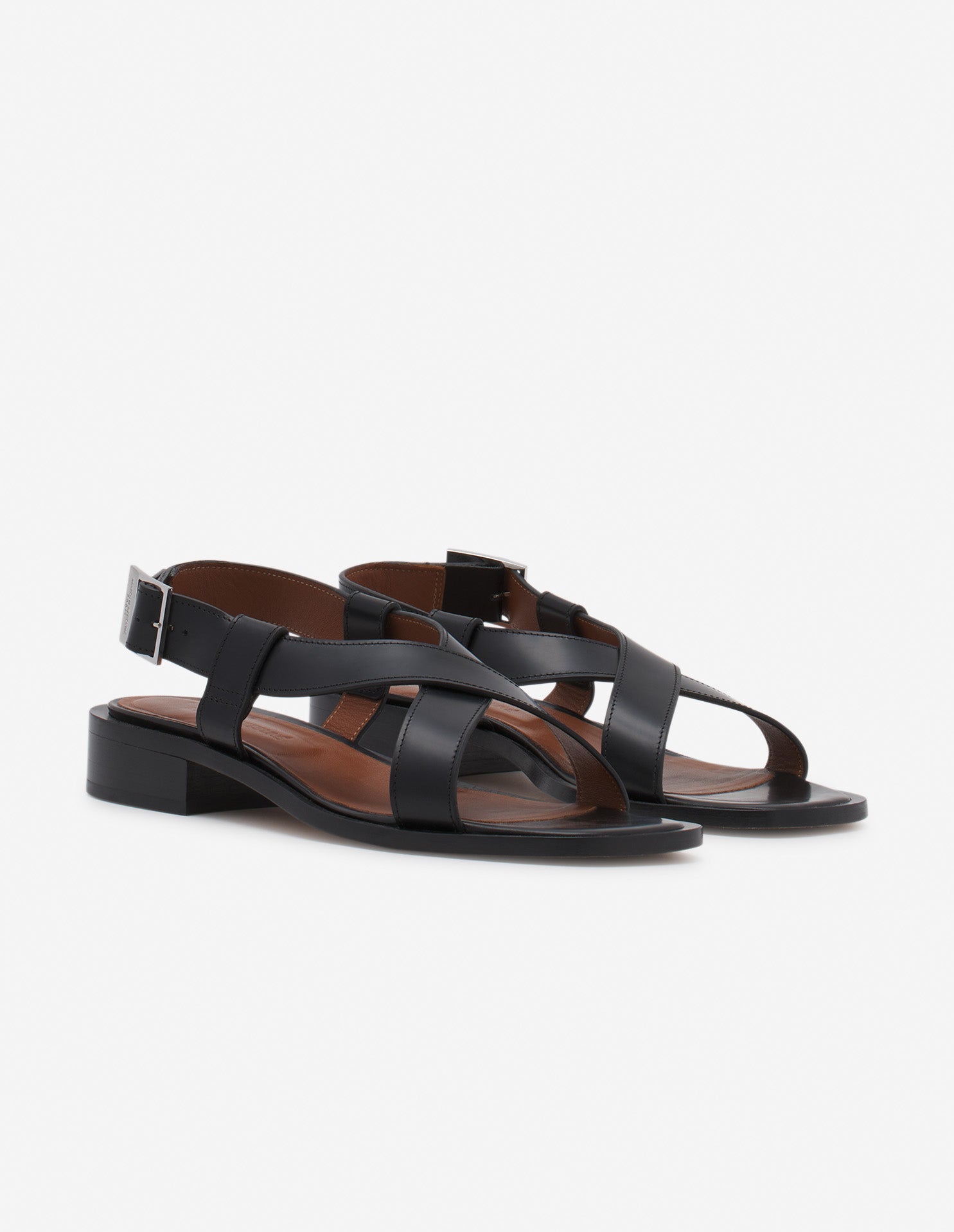 Flat sandals with engraved leather buckle - Black