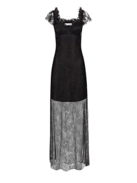 LONGUE ROBE À MANCHES COURTES À VOLANTS EN DENTELLE - Noir