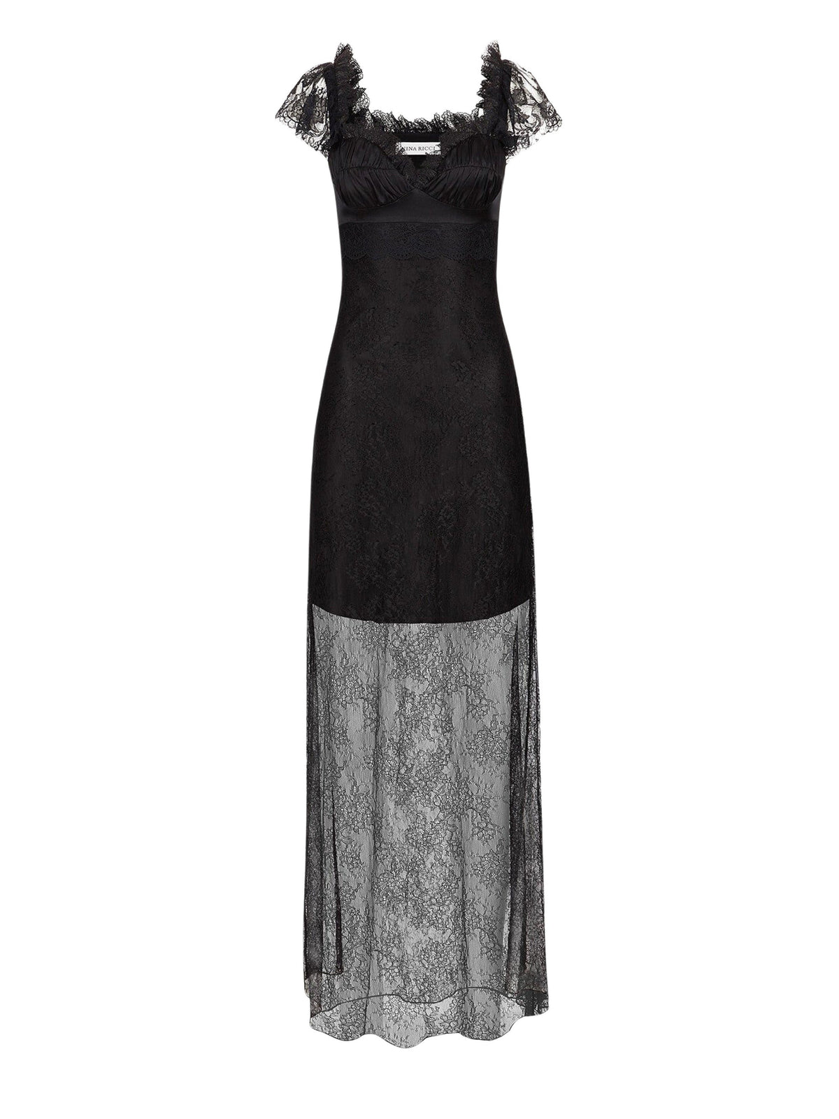 LONGUE ROBE À MANCHES COURTES À VOLANTS EN DENTELLE - Noir
