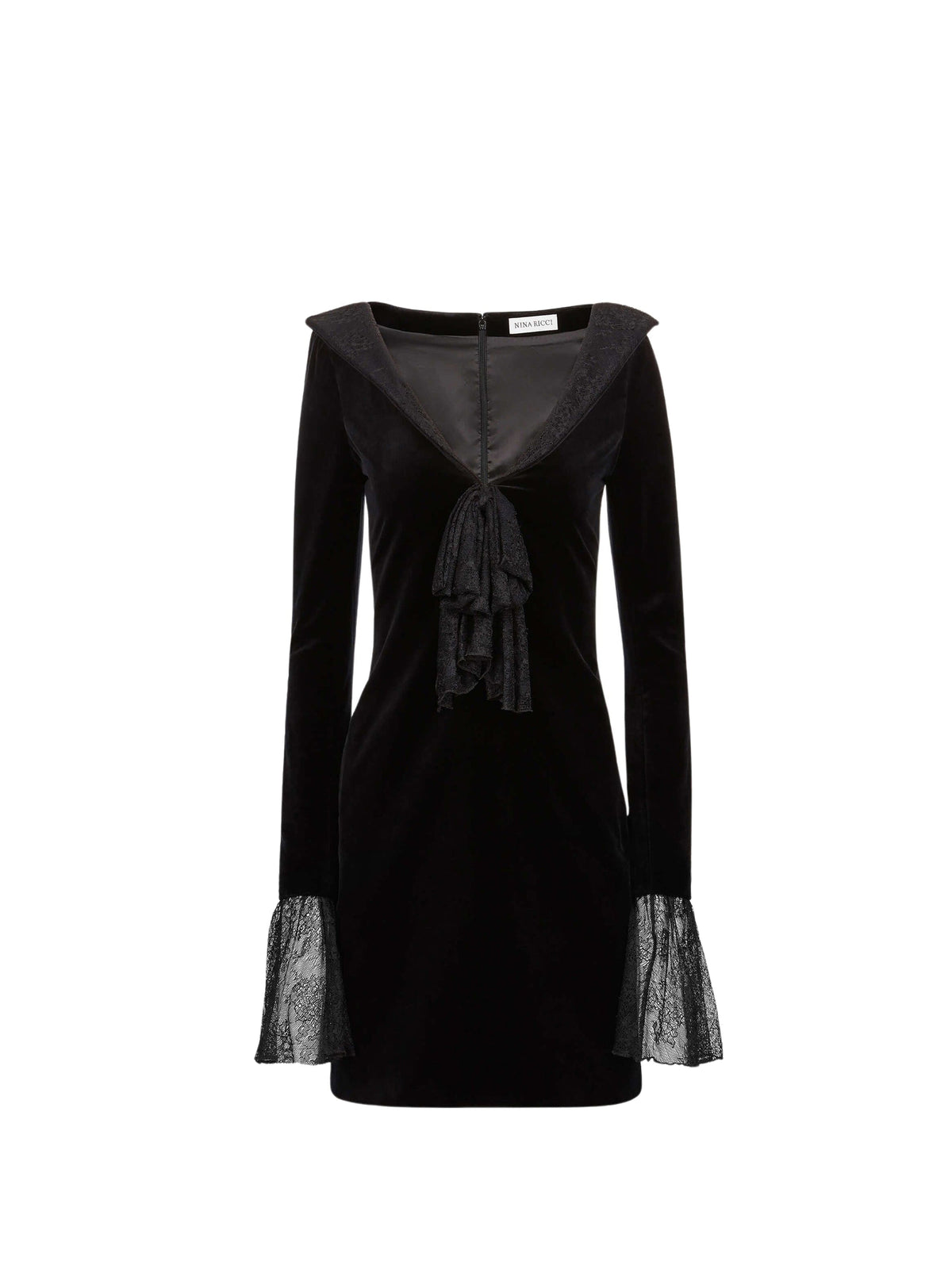 MINI-ROBE À COL EN V AVEC DÉTAILS EN NŒUD ET POIGNETS EN CLOCHE EN VELOURS ET DENTELLE