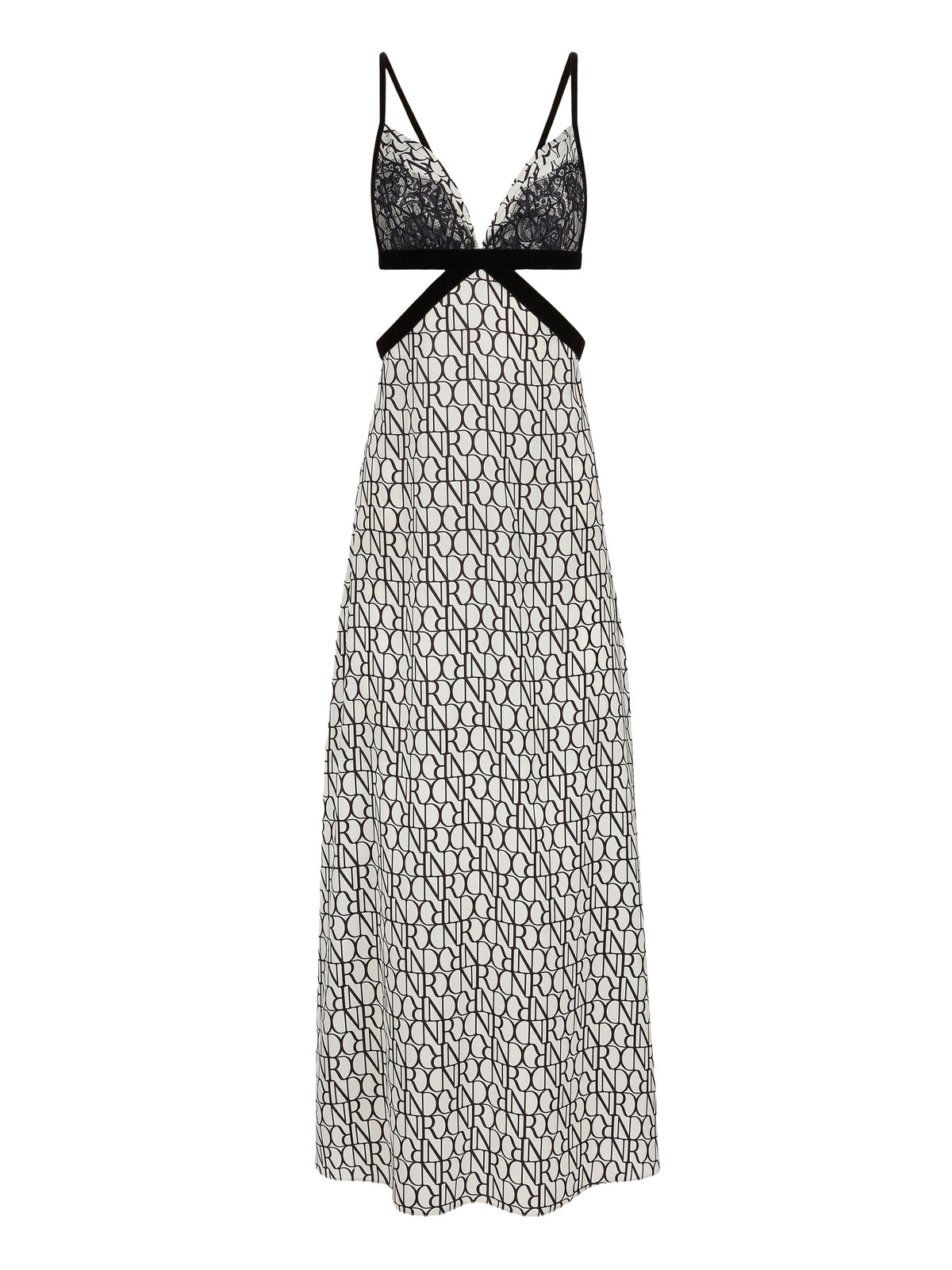 ROBE MIDI À FINES BRETELLES, ORNÉE D'UN IMPRIMÉ DU LOGO NR INTÉGRAL ET D'UN EMPIÈCEMENT EN DENTELLE. - Blanc