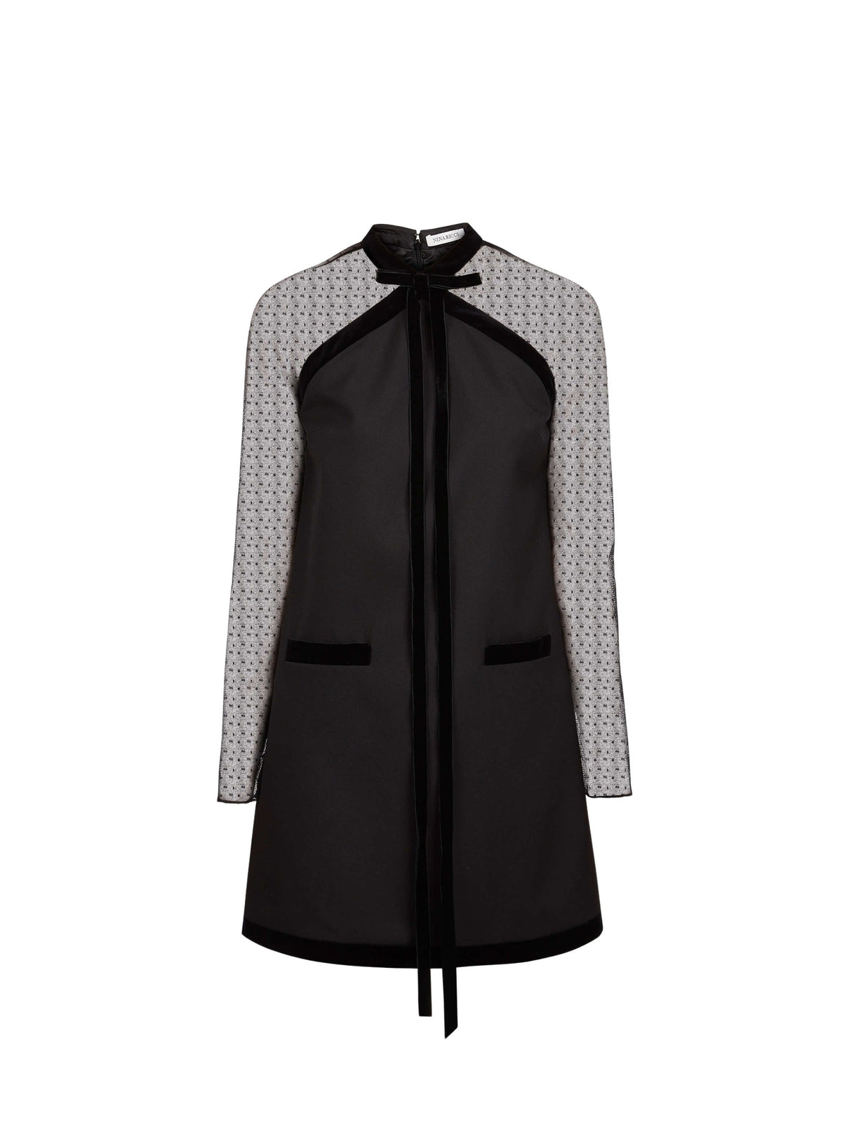 MINI-ROBE À MANCHES TRANSPARENTES ET NŒUD EN VELOURS EN GABARDINE