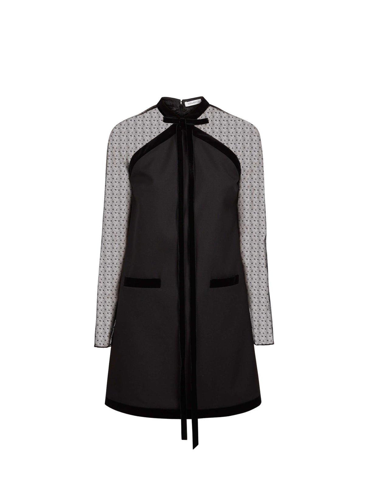 MINI-ROBE À MANCHES TRANSPARENTES ET NŒUD EN VELOURS EN GABARDINE - Noir