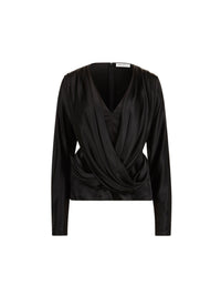 HAUT À MANCHES LONGUES ET COL EN V DRAPÉ EN SATIN - Noir