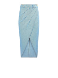 JUPE MIDI FENDUE AVEC DÉTAILS DE DRAPÉ EN DENIM BLEU - Bleu