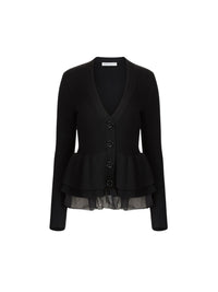 CARDIGAN EN LAINE EN LAINE À VOLANTS À COL EN V - Noir