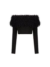 HAUT À ÉPAULES DÉNUDÉES EN MAILLE BOUCLÉE D'ALPAGA ET DE LAINE, ORNÉ DE FRANGES. - Noir