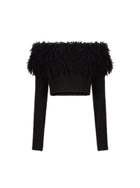 HAUT À ÉPAULES DÉNUDÉES EN MAILLE BOUCLÉE D'ALPAGA ET DE LAINE, ORNÉ DE FRANGES. - Noir