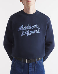 Round-neck sweatshirt with embroidered logo on front - Navy