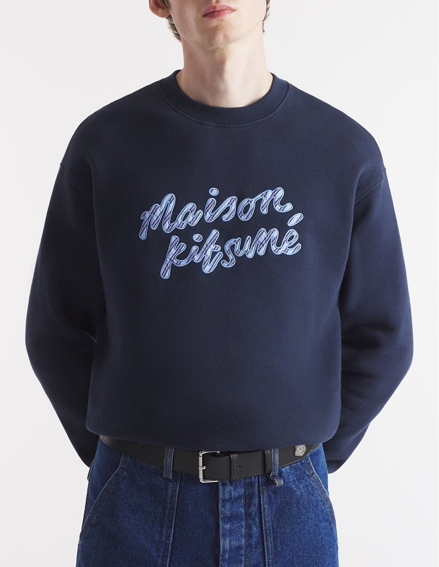 Round-neck sweatshirt with embroidered logo on front - Navy