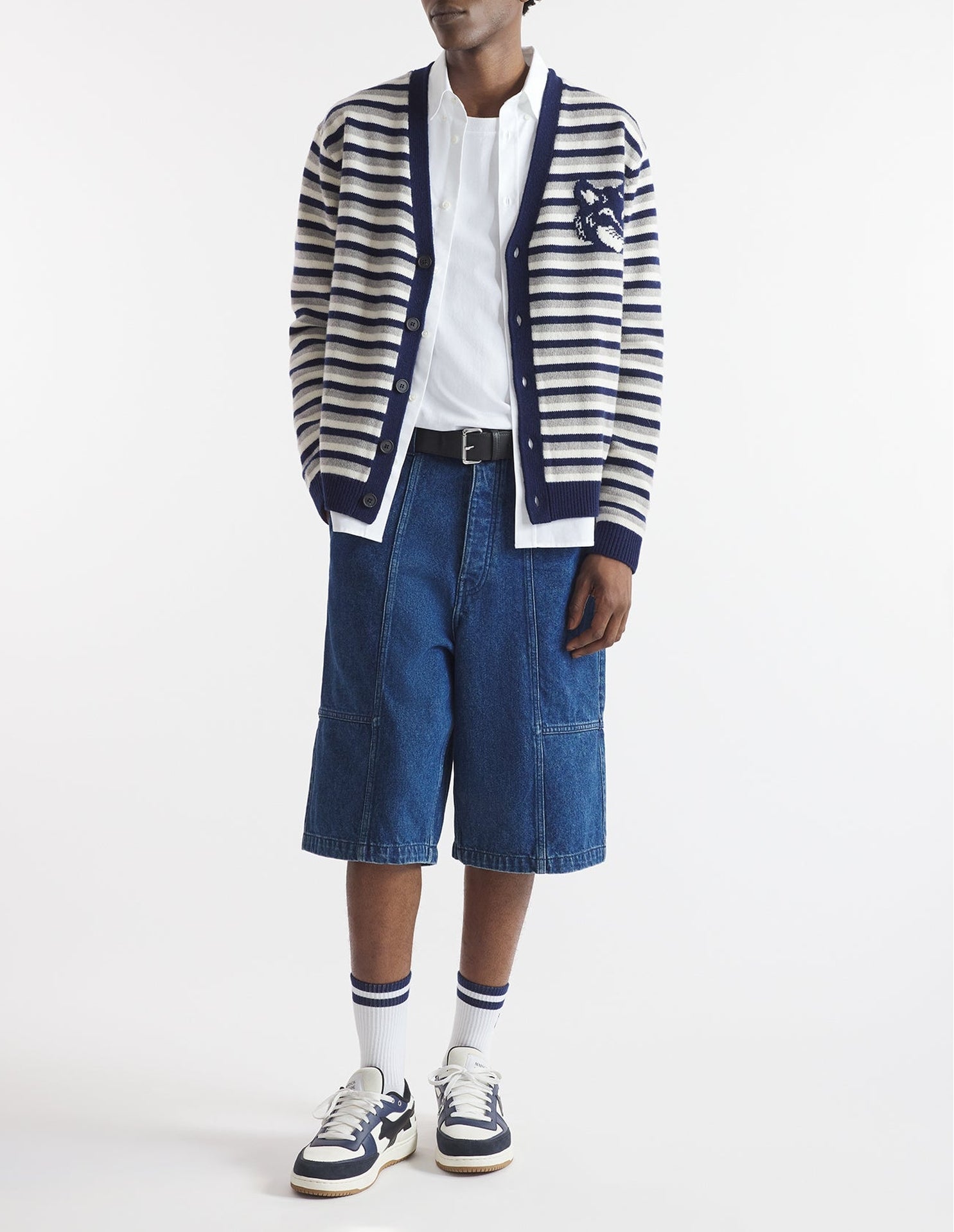Long-sleeved striped cardigan with wool crest - Navy & White