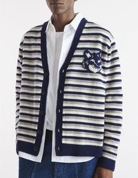 Long-sleeved striped cardigan with wool crest - Navy & White