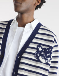 Long-sleeved striped cardigan with wool crest - Navy & White