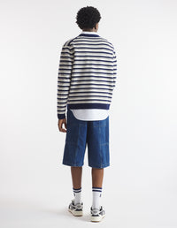 Long-sleeved striped cardigan with wool crest - Navy & White