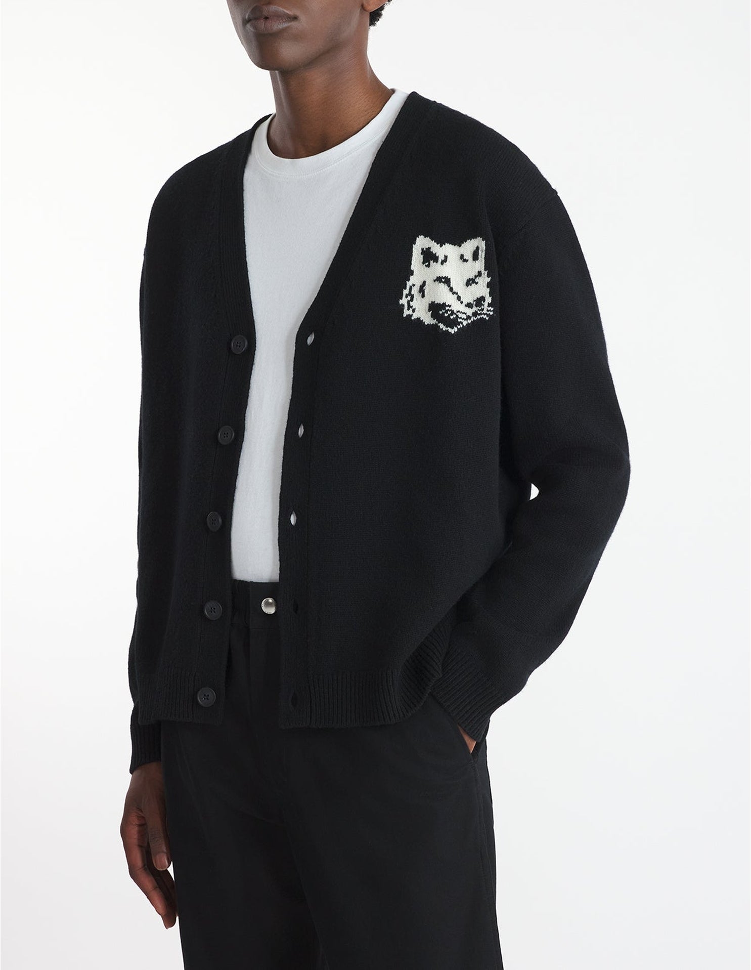 Long-sleeved cardigan with wool crest - Black