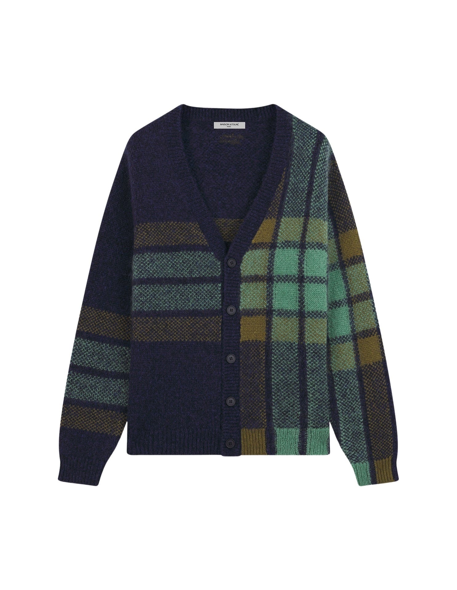 Checked cardigan with wool embroidery - Ink & Eucalyptus