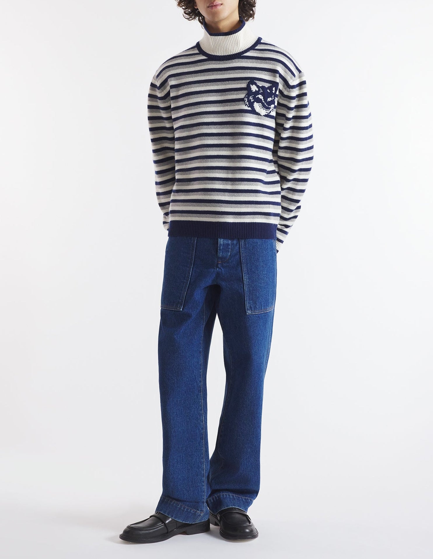 Striped jumper with stand-up collar in wool - Navy & White