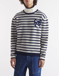 Striped jumper with stand-up collar in wool - Navy & White