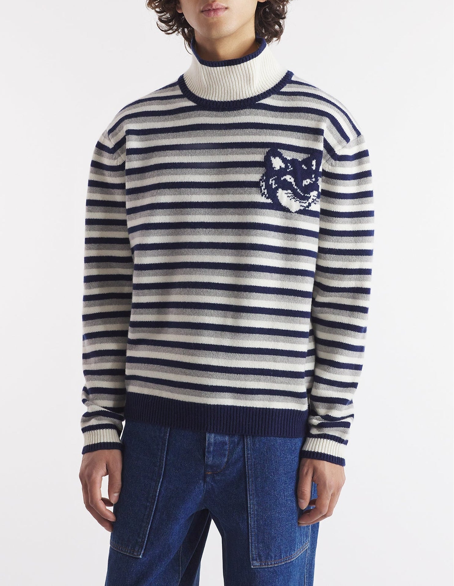 Striped jumper with stand-up collar in wool - Navy & White