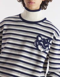 Striped jumper with stand-up collar in wool - Navy & White