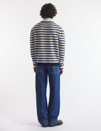 Striped jumper with stand-up collar in wool - Navy & White