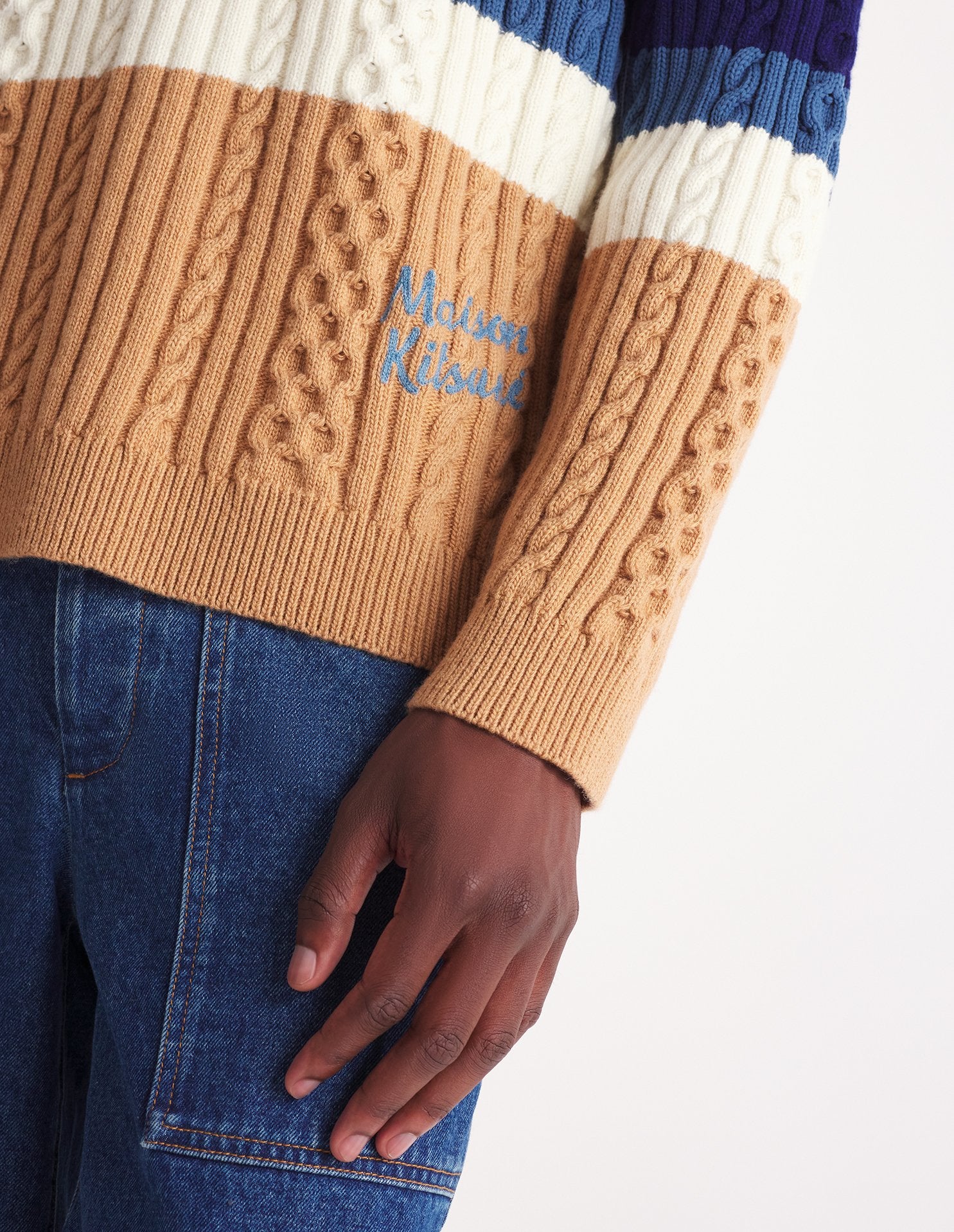Striped cable jumper in wool - Off White Chamomile