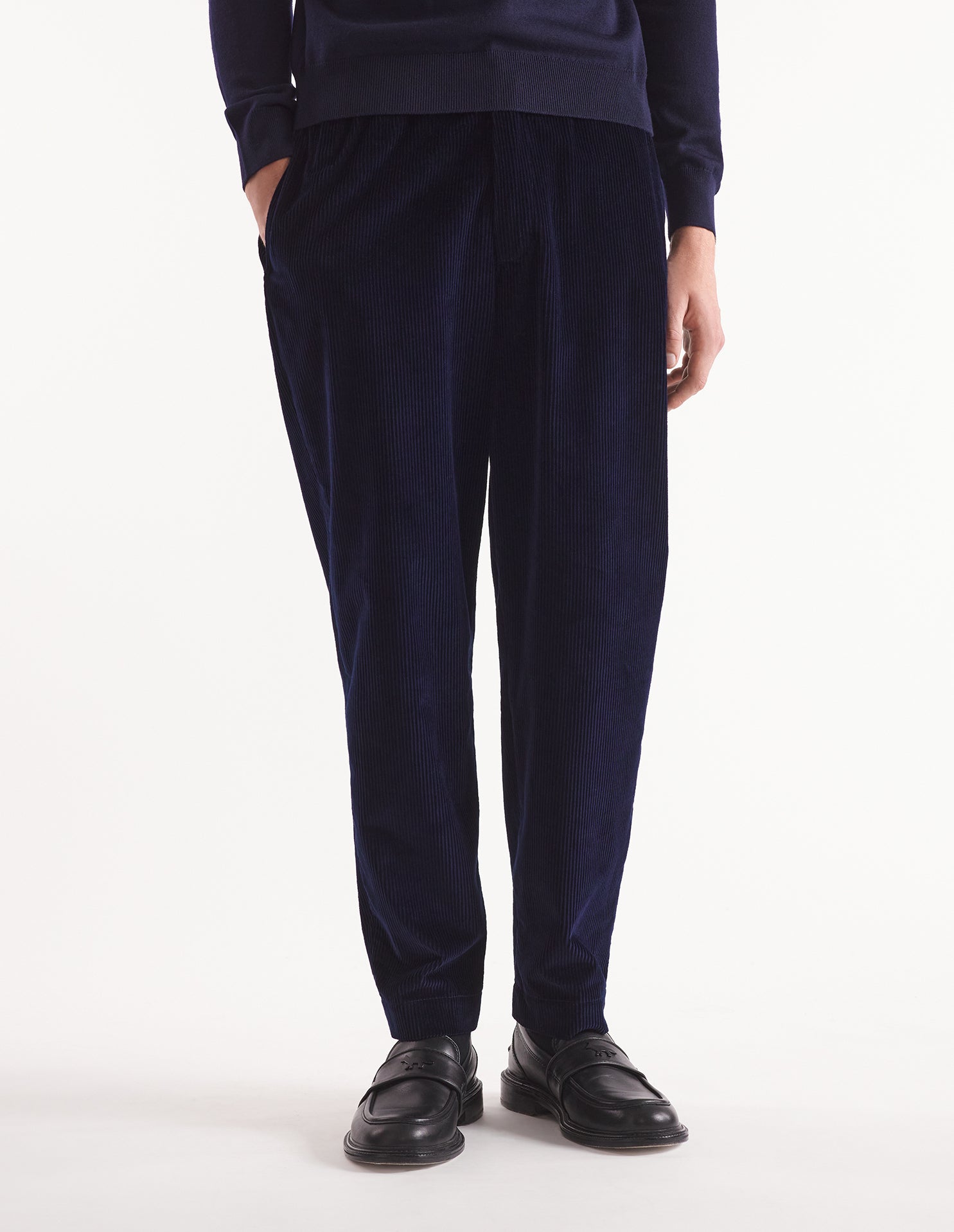 Trousers with elasticated waistband in velvet - Navy