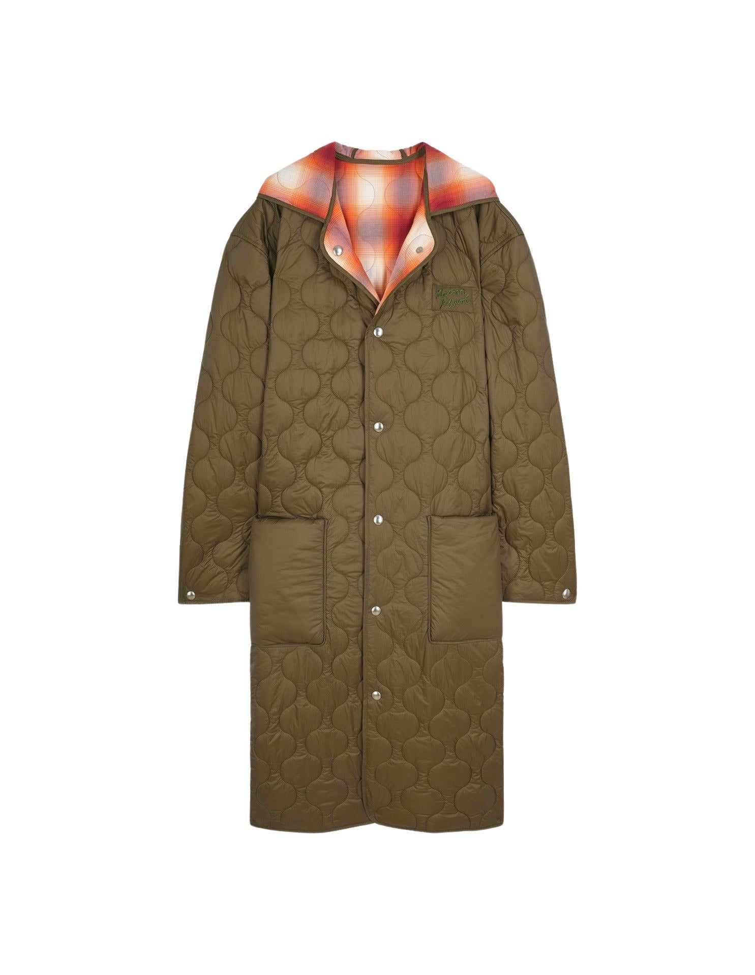 Quilted hooded coat with embroidery - Military Green